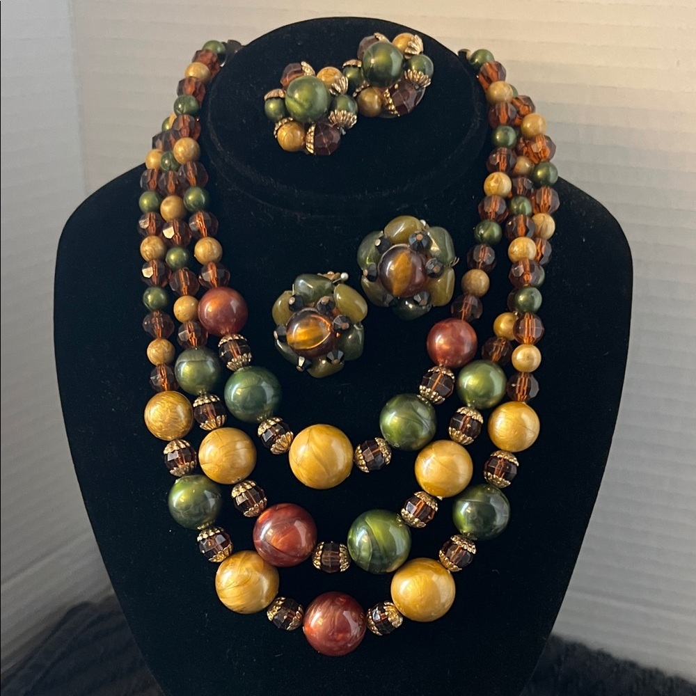 Vintage 1940’s Multicolor Beaded Necklace and 2 Clip Earring Sets